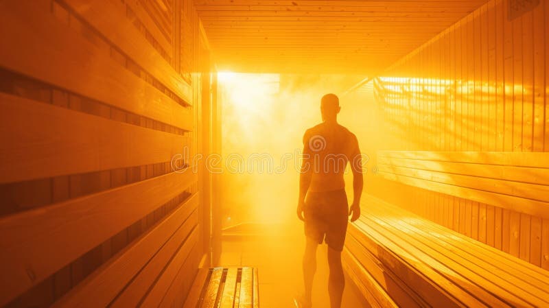 A person exiting the sauna feeling refreshed and rejuvenated after the treatment.. AI generated. A person exiting the sauna feeling refreshed and rejuvenated after the treatment.. AI generated