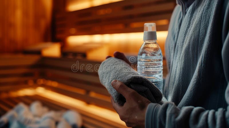 A person holding a towel and a water bottle standing in front of the sauna with a relaxed and refreshed expression.. AI generated. A person holding a towel and a water bottle standing in front of the sauna with a relaxed and refreshed expression.. AI generated