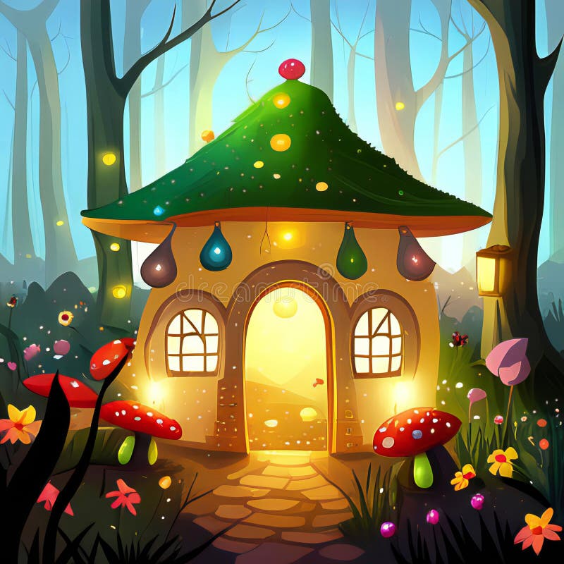 Une petite maison au toit vert et champignon sur le toit. maison est entourée d'une forêt avec beaucoup de fleurs et champignons. scène est fantasque et jeu ai généré.