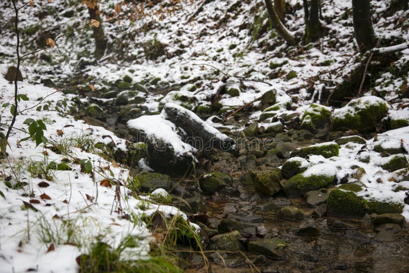 Une petite rivière en hiver, neige image stock Une petite rivière en hiver, neige image stock