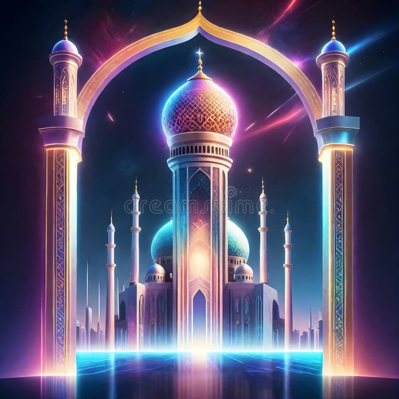 AI generated of a picture of a mosque with a blue and red light in futuristic concept background. AI generated of a picture of a mosque with a blue and red light in futuristic concept background