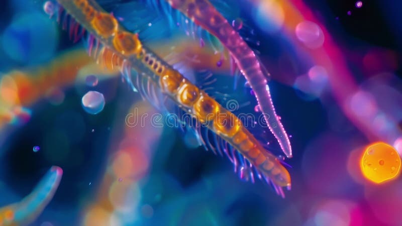 Une photo haute résolution colorée d'un groupe de nématodes nageant dans une goutte d'eau illuminés par leurs corps minces