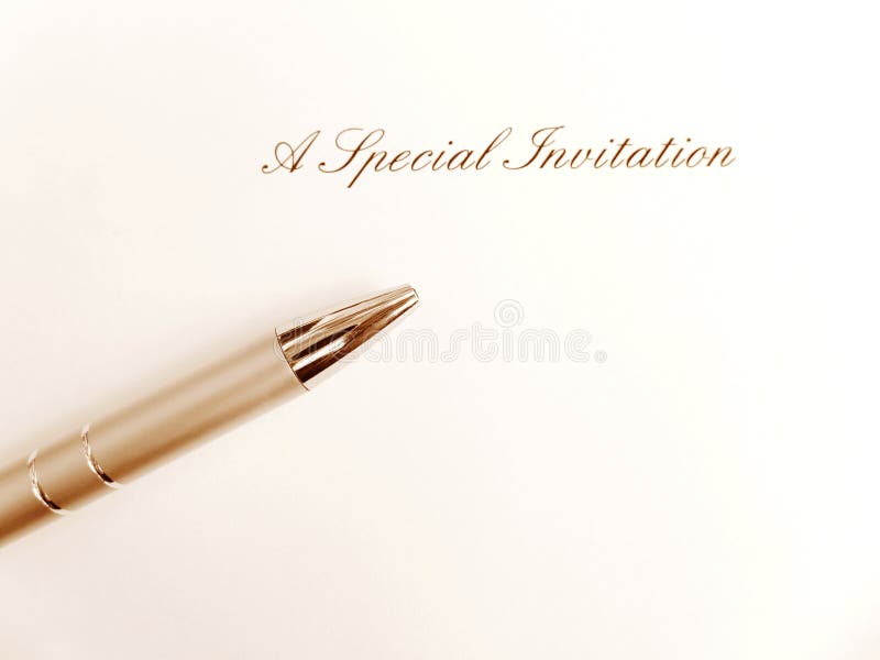 You re invited! A photograph showing a card with the words Special Invitation printed on it, taken with a golden pen beside it. Simple and elegant composition for the concept of writing a special invite. Vertical format photo. You re invited! A photograph showing a card with the words Special Invitation printed on it, taken with a golden pen beside it. Simple and elegant composition for the concept of writing a special invite. Vertical format photo.