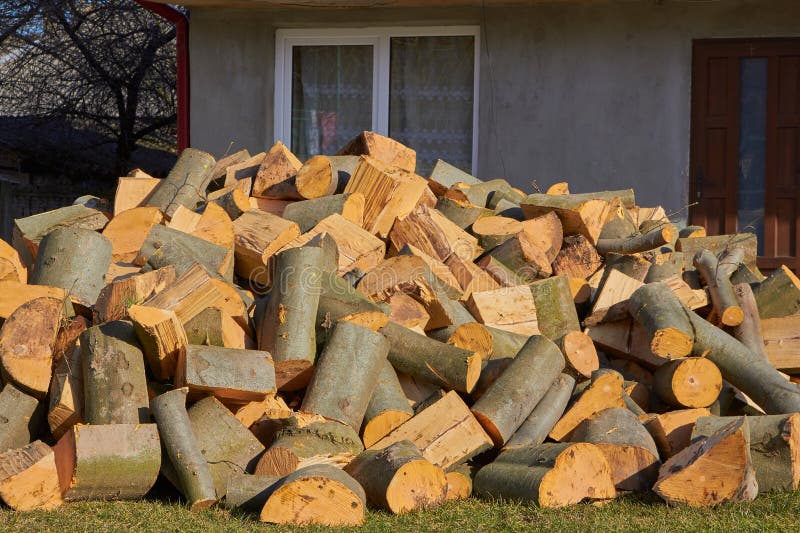 Une pile de bois de chauffage pour la cour de la cuisinière avec du bois de chauffage photo stock