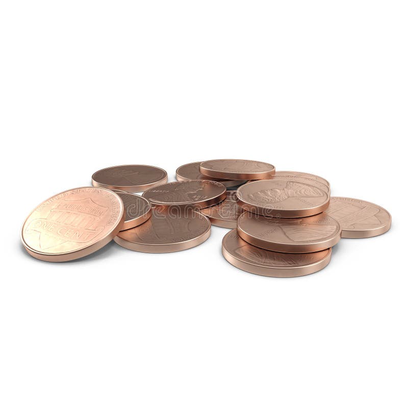 Une pile de pièces de monnaie de 1 d'USA penny de cent d'isolement sur le blanc 3D illustration, chemin de coupure