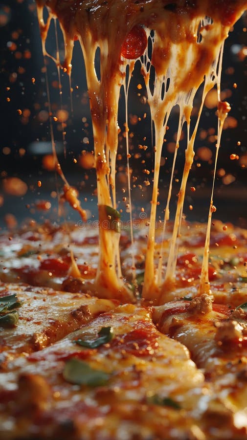 Une pizza qui fait saliver met en valeur le fromage fondu gooey qui s'étire au fur et à mesure qu'il est soulevé entouré de images libres de droits