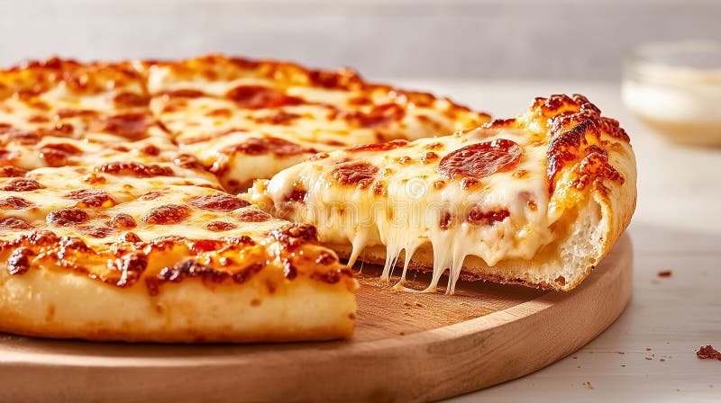Une pizza à croûte farcie doublée est en train d'être démontée pour présenter son fromage fondu et ses garnitures salées. Le image stock