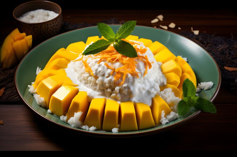 Une plaque colorée de mangue riz collant. ai generatedno04. Une assiette colorée de mangue riz collant avec des tranches de mangue mûre douce reposant sur un lit de riz collant réaliste et vitré bercé de crème de coco photo réaliste.