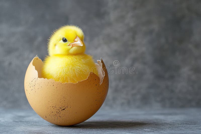 Une poussette jaune joyeuse émergeant d'une coquille d'oeuf fissurée sur fond texturé image stock