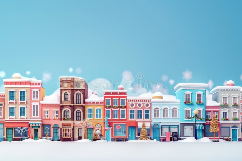 A row of colorful buildings with snow on the roofs. The buildings are lined up in a row, with some of them having green trees in front of them. The snow on the roofs gives the scene a wintery with Generative AI. A row of colorful buildings with snow on the roofs. The buildings are lined up in a row, with some of them having green trees in front of them. The snow on the roofs gives the scene a wintery with Generative AI