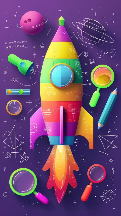 Une roquette vibrante fabriquée à partir de crayons colorés et de lunettes de loupe célèbre la journée des astronautes pour retour image stock