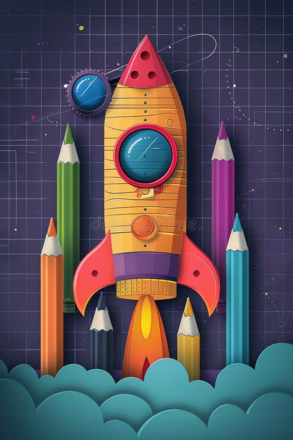 Une roquette vibrante fabriquée à partir de crayons et de marqueurs représente la journée des astronautes à mesure que les élèves image libre de droits