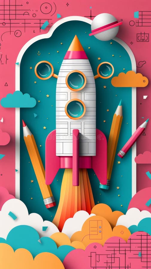 Une roquette vibrante fabriquée à partir de crayons et de marqueurs symbolise la créativité pour les festivités rétro-scolaires image libre de droits