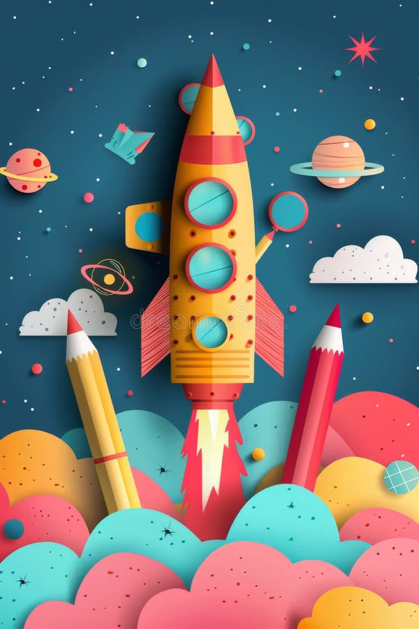 Une roquette vibrante fabriquée à partir de fournitures scolaires colorées se lance dans l'espace, provoquant l'excitation de la j photo stock