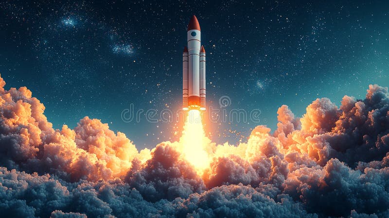 Une roquette vibrante lance énergiquement contre un ciel bleu clair laissant trace de fumée et de flammes. illustration photographie stock