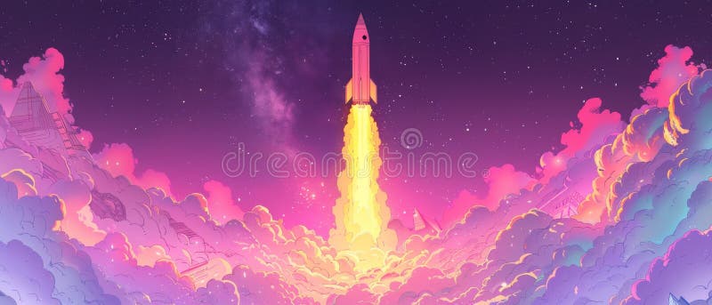 Une roquette vibrante monte à travers les nuages pour célébrer la journée des astronautes et le début d'une nouvelle année scolair image stock