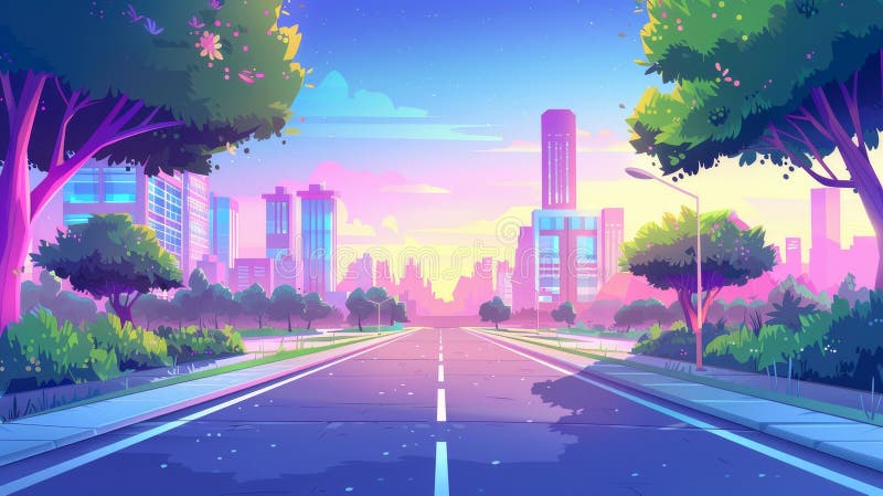 A city street with a road at dawn, a walkway and a building in pink sunlight. Cartoon illustration of urban infrastructure in a megalopolis.. AI generated. A city street with a road at dawn, a walkway and a building in pink sunlight. Cartoon illustration of urban infrastructure in a megalopolis.. AI generated
