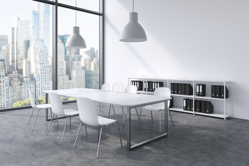 Une salle de conférence dans un bureau panoramique moderne avec la vue de New York Table blanche, chaises blanches, une bibliothè illustration stock Une salle de conférence dans un bureau panoramique moderne avec la vue de New York Table blanche, chaises blanches, une bibliothè illustration stock