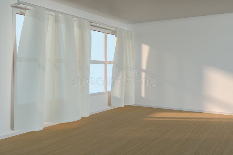 Une salle vide avec le soleil viennent par le rideau, le rendu 3d illustration libre de droits Une salle vide avec le soleil viennent par le rideau, le rendu 3d illustration libre de droits