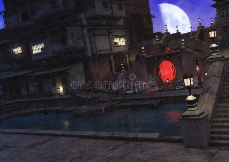 Une scène de nuit d'un voisinage asiatique, avec un lac calme illuminé par la lune illustration de vecteur Une scène de nuit d'un voisinage asiatique, avec un lac calme illuminé par la lune illustration de vecteur