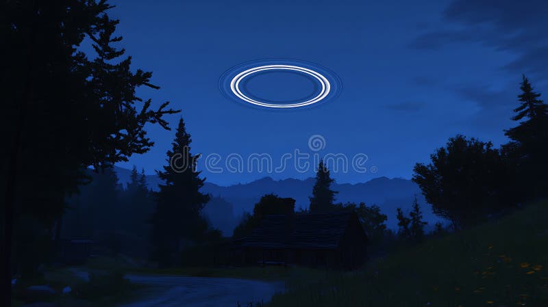 Une scène nocturne avec un objet circulaire lumineux dans le ciel ressemblant à un OVNI illustration stock