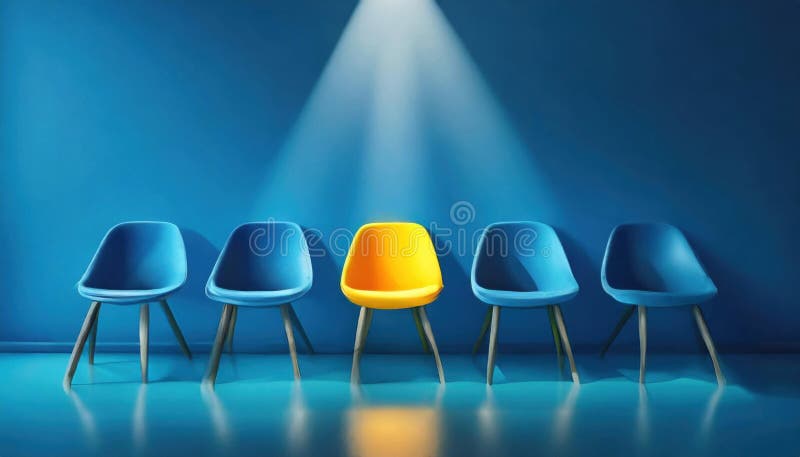Une seule chaise jaune parmi les bleues sous les projecteurs dans une pièce minimaliste image stock