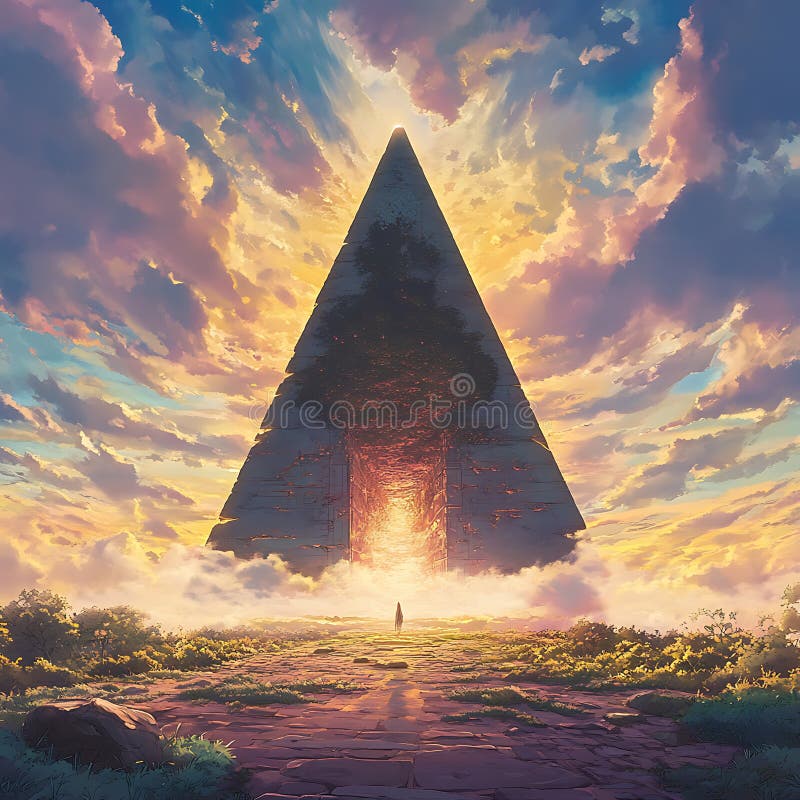 Une Seule Figure Marche Vers Un Portail Lumineux Dans Une Pyramide De Pierre Géante illustration de vecteur