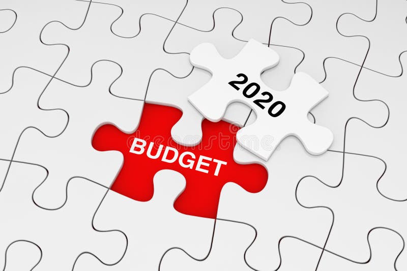Une seule pièce du casse-tête blanc au-dessus de la plaine du puzzle blanc avec des mots du budget 2020 rendu 3d illustration de vecteur Une seule pièce du casse-tête blanc au-dessus de la plaine du puzzle blanc avec des mots du budget 2020 rendu 3d illustration de vecteur