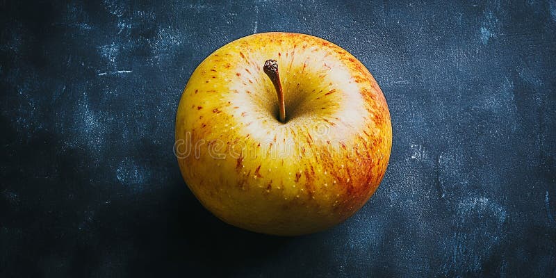 Une seule pomme dorée délicieuse avec la tige sur une surface texturée foncée dans une vue descendante illustration de vecteur