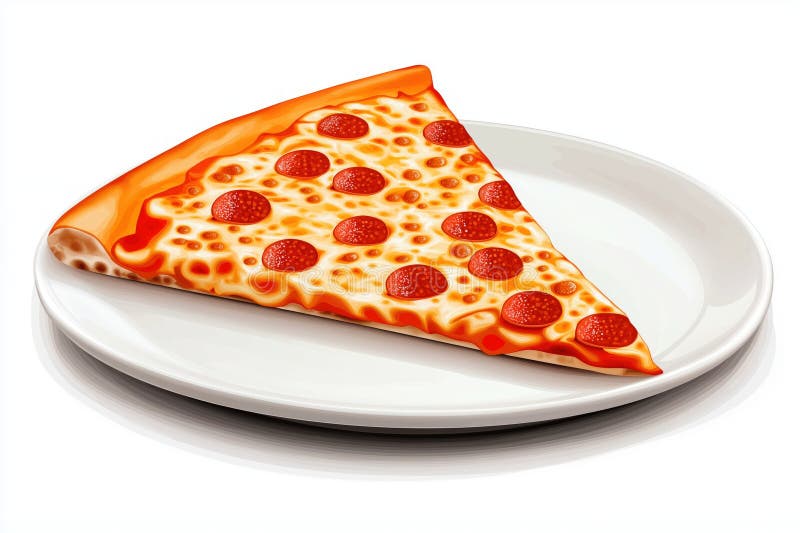 Une seule tranche de pizza pepperoni surmontée d'un fromage fondu de goey reposant sur l'assiette photo libre de droits