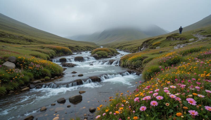 Une source de montagne cachée se baladant dans un paysage brumeux avec des fleurs sauvages vibrantes fleurissant le long des berge illustration de vecteur