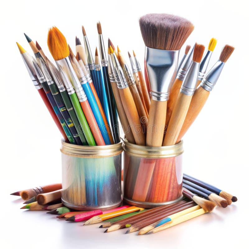 Une symphonie colorée d'art fournit pinceaux et crayons dans des supports en bois prêts à créer illustration de vecteur
