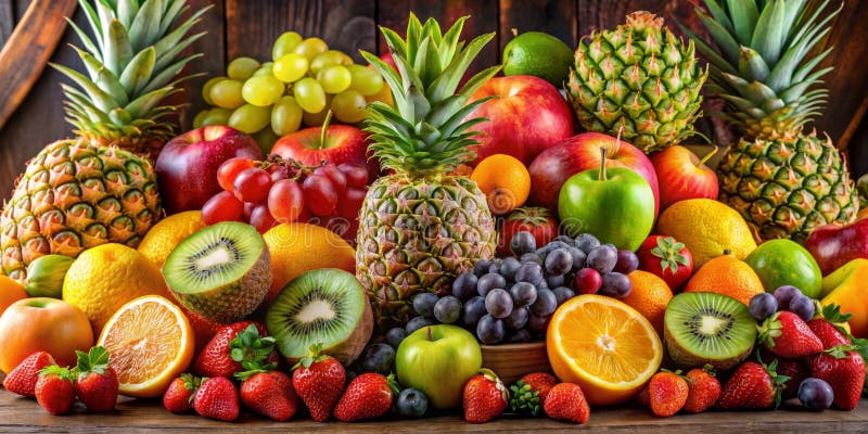 Une symphonie colorée de fruits ananas raisins oranges fraises kiwi et plus sur fond de bois illustration stock