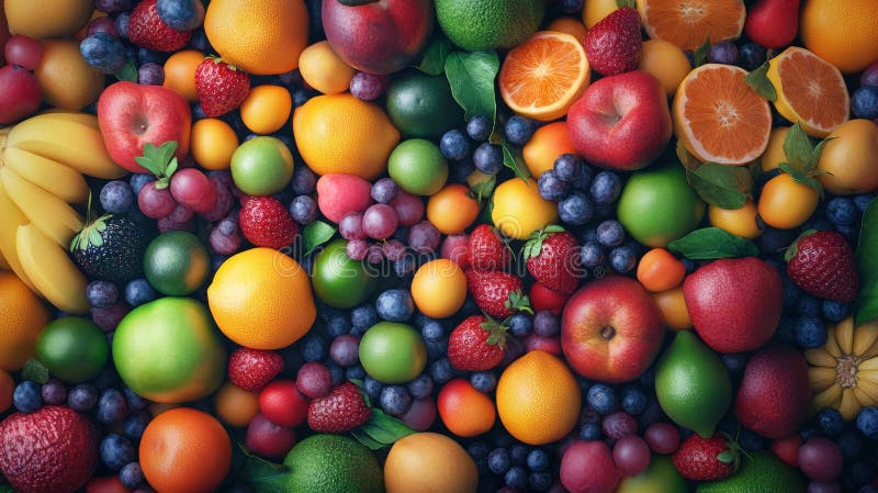 Une symphonie colorée de fruits une composition de la vie morte avec des oranges fraîches pomme raisins fraises limes et plus une illustration stock