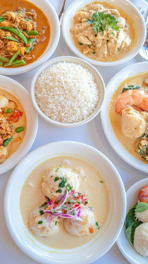 Une sélection de plats thaïlandais dont des curries, des fruits de mer et du riz superbement posés sur une table blanche. Fête de photographie stock