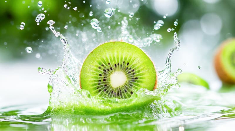 Une tranche de kiwi mûre plonge dans l'eau, créant une explosion de gouttelettes au milieu d'une toile verte rafraîchissante illustration stock