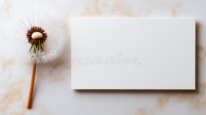 Une tête de semence de pissenlit simple se trouve à côté d'une carte blanche vierge sur une surface de marbre évoquant le sens de la simplicité et de l'élégance. ai génératif