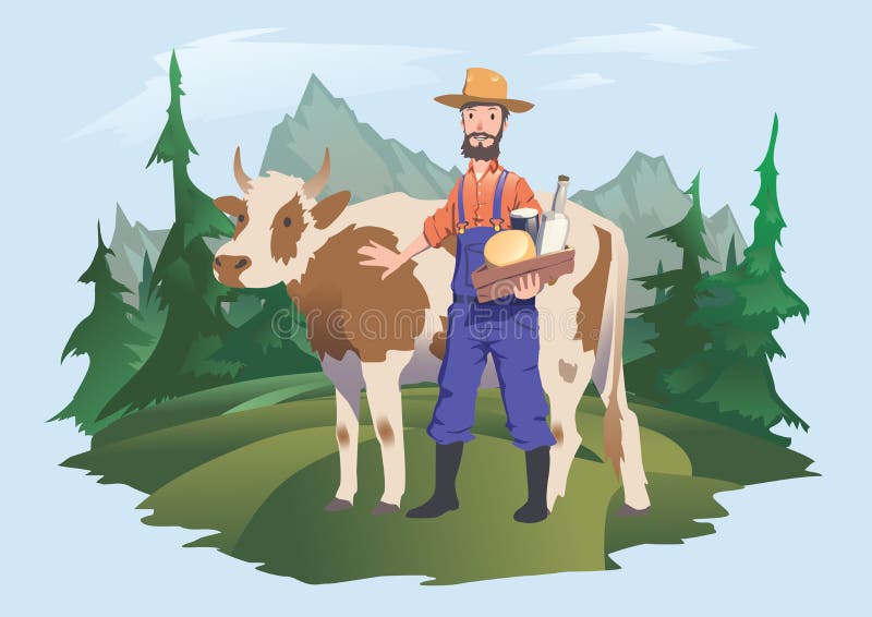 Une vache et un agriculteur dans un pré, paysage alpin Dirigez l'illustration pour l'empaquetage du lait ou des laitages illustration de vecteur Une vache et un agriculteur dans un pré, paysage alpin Dirigez l'illustration pour l'empaquetage du lait ou des laitages illustration de vecteur