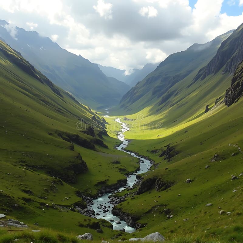 Une vallée de montagne cachée avec une rivière qui serpente à travers des prés vert émeraude. Une vallée de montagne cachée avec une rivière serpentant à travers des prés vert émeraude cette scène capture une représentation vivante réaliste parfaite pour l'imagerie de stock ou narration visuelle