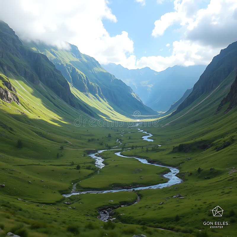 Une vallée de montagne cachée avec une rivière qui serpente à travers des prés vert émeraude illustration de vecteur
