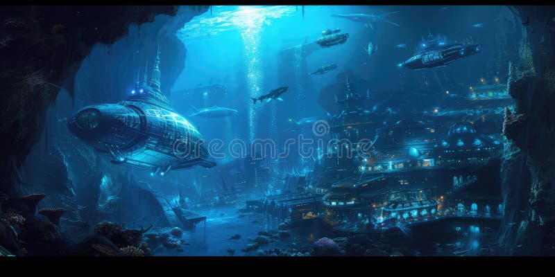 An underwater city with bioluminescent coral, schools of colorful fish, and ancient ruins, all illuminated by the eerie glow of an underwater volcano. Resplendent. AI generated. An underwater city with bioluminescent coral, schools of colorful fish, and ancient ruins, all illuminated by the eerie glow of an underwater volcano. Resplendent. AI generated