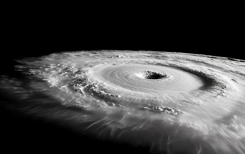 Une vue aérienne spectaculaire d'un ouragan puissant montrant ses yeux et ses nuages tourbillonnants capturés en noir et blanc illustration de vecteur