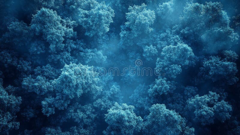 Une vue aérienne spectaculaire d'un paysage brumeux avec une forêt de pins dense et des montagnes lointaines. les tons bleus et la illustration de vecteur