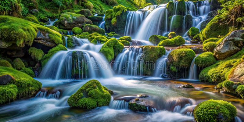 Une vue aérienne époustouflante d'une cascade cachée de montagne qui tombe au-dessus des rochers recouverts de mousse Une nature s illustration stock