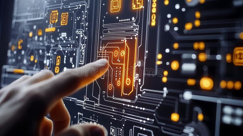 Une vue d'ensemble d'un technicien programmant des doigts de machine intelligents au-dessus d'une interface tactile élégante affic illustration stock