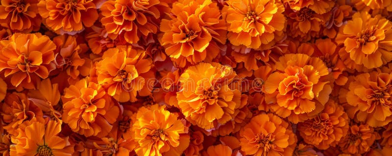 Une vue détaillée des pétales de marigold orange denses emballés sur un fond floral présentant leur photos stock