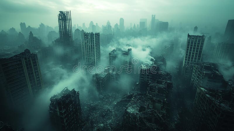 Une vue obsédante d'un paysage urbain brumeux et abandonné, reflétant la dégradation environnementale illustration libre de droits
