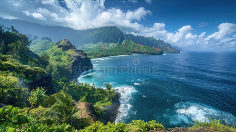 A breathtaking view of the ocean from a cliff, with majestic mountains in the background. The sky is filled with fluffy clouds, creating a stunning natural landscape AI generated. A breathtaking view of the ocean from a cliff, with majestic mountains in the background. The sky is filled with fluffy clouds, creating a stunning natural landscape AI generated