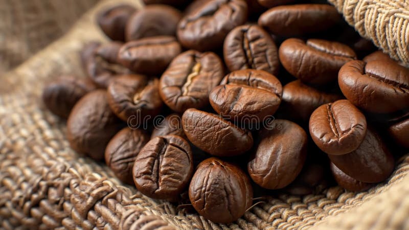 Une vue rapprochée des grains de café fraîchement rôtis reposant sur la toile burlap illustration de vecteur