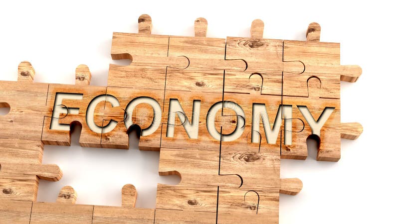 Complex and confusing economy: learn complicated, hard and difficult concept of economy,pictured as pieces of a wooden jigsaw puzzle creating a whole, completed word, 3d illustration. Complex and confusing economy: learn complicated, hard and difficult concept of economy,pictured as pieces of a wooden jigsaw puzzle creating a whole, completed word, 3d illustration